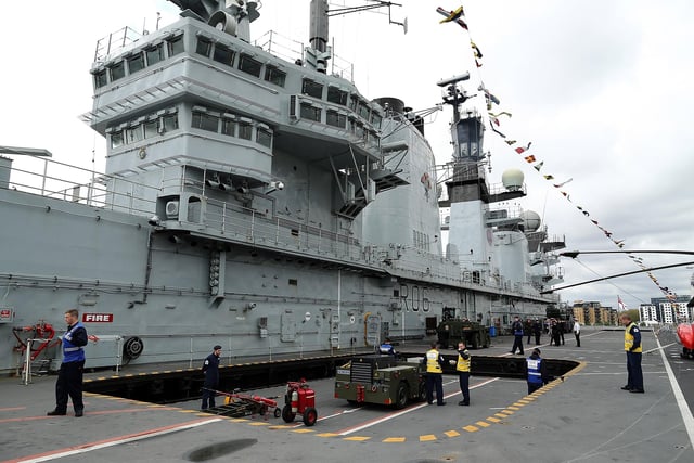 Equipment is lowered into the hull on HMS Illustrious May 10, 2013. Photo by Dan Kitwood/Getty Images