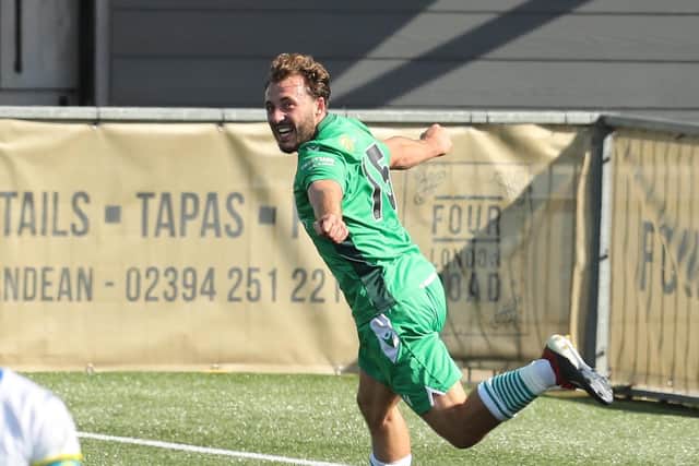 Former Hawks striker Joe Iaciofano runs away in celebration after netting for Oxford City at Westleigh Park in September Picture: Dave Haines
