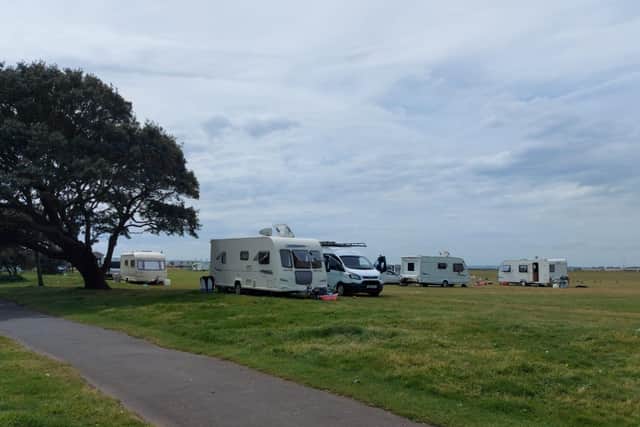 Travellers on Southsea Common near Blue Reef and the skate park on May 18, 2022