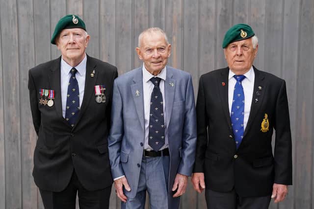 Veterans Peter Backlog, Ray Harrington and George Connery ahead of Remembering National Service - 60 years on, a Royal British Legion commemoration event to mark the service and sacrifice of all National Service veterans, at the National Memorial Arboretum in Alrewas, Staffordshire. Picture date: Tuesday May 16, 2023.