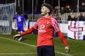 Josh Benfield has just scored Fareham's winner at Baffins last night. Picture by Ken Walker