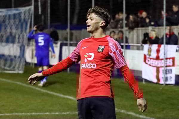 Josh Benfield has just scored Fareham's winner at Baffins last night. Picture by Ken Walker