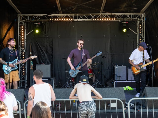 Lame Daze on stage at the open air festival held by the Pitt Street Skate Park. Picture: Mike Cooter (280523)