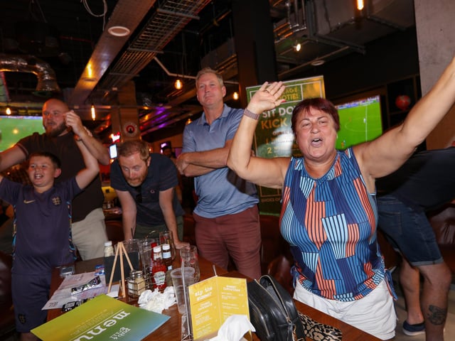 Celebrations at full-time. Fans watch Netherlands v England, UEFA Euros 2024 semi-final played in Dortmund, at Village Hotel, Lakeshore Drive, Cosham
Picture: Chris Moorhouse (100724-105)