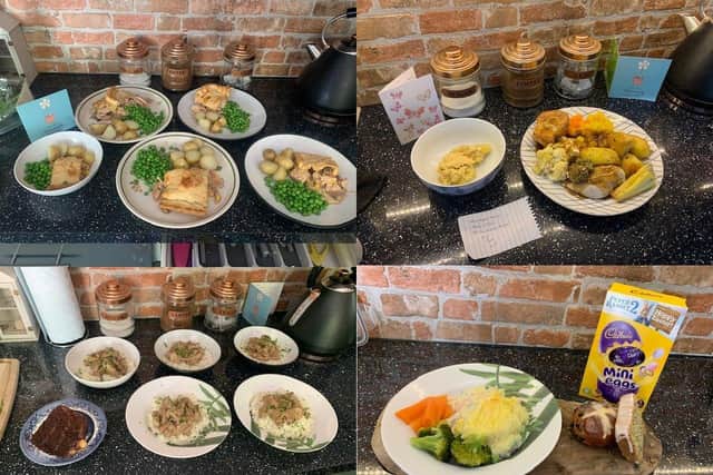 Kerry and Kane Conroy from Emsworth have been delivering meals to people in need in memory of Kerry's grandad, Percy Bishop. Pictured: Hot meals served up by Bish's Dishes. Clockwise from top left: Homemade turkey pie; roast dinner and apple crumble; fish pie, hot cross buns and lemon and poppy seed loaf with an Easter egg; beef stroganoff and chocolate cake