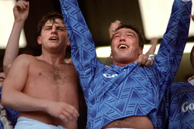 Warren Aspinall celebrates with Martin Kuhl (left) following Pompey's 1-0 success over Nottingham Forest in the quarter-finals of the FA Cup in March 1992. Picture: EMPICS Sport/PA Photos