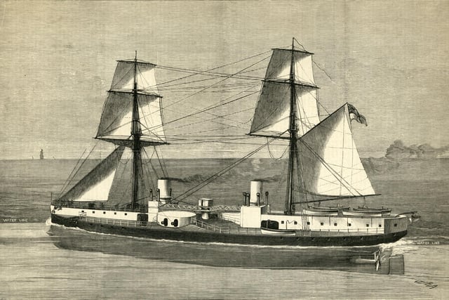 An engraving of HMS Inflexible an ironclad battleship of the Royal Navy carrying her main armament of four RML 16-inch 80-ton rifled muzzle-loading guns in centrally placed turrets   at sea following her launch on 27 April 1876  from the Royal Dockyard Portsmouth, Portsmouth, England.  Original publication: Illustrated London News. (Photo by Illustrated London News/Hulton Archive/Getty Images)