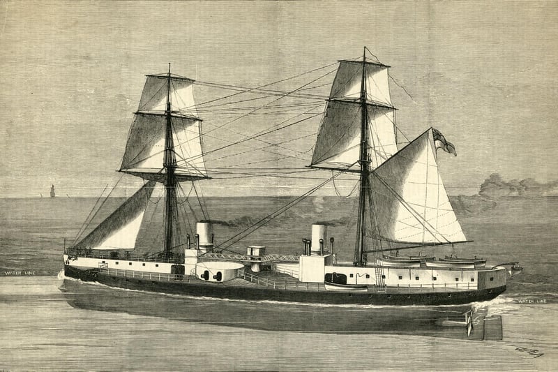 An engraving of HMS Inflexible an ironclad battleship of the Royal Navy carrying her main armament of four RML 16-inch 80-ton rifled muzzle-loading guns in centrally placed turrets   at sea following her launch on 27 April 1876  from the Royal Dockyard Portsmouth, Portsmouth, England.  Original publication: Illustrated London News. (Photo by Illustrated London News/Hulton Archive/Getty Images)
