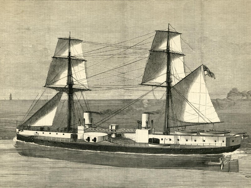 An engraving of HMS Inflexible an ironclad battleship of the Royal Navy carrying her main armament of four RML 16-inch 80-ton rifled muzzle-loading guns in centrally placed turrets at sea following her launch on 27 April 1876 from the Royal Dockyard Portsmouth, Portsmouth, England. Original publication: Illustrated London News. (Photo by Illustrated London News/Hulton Archive/Getty Images)