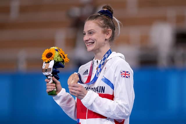 Great Britain's Bryony Page poses with her bronze medal after finishing third in the Women's Trampoline Gymnastics at Ariake Gymnastic Centre. Picture: Mike Egerton/PA Wire.