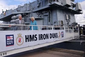 HMS Iron Duke will be sailing into Portsmouth Harbour today. Pictured is King Charles III and Queen Camilla leaving HMS IRON DUKE on September 22, 2023. Picture: LPhot Gareth Smith/Royal Navy