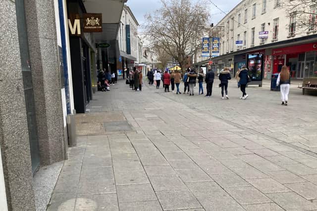 Queues forming in Commercial Road, Portsmouth, outside Primark on morning of April 12.