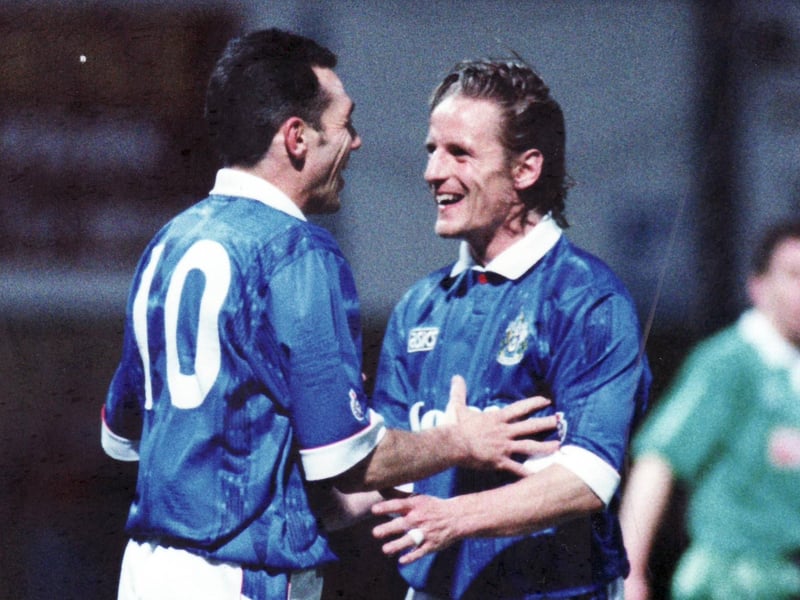 Guy Whittingham celebrates scoring with strike partner Paul Walsh during a Division One match in 1993. Arguably the best of the Goodman era shirts.