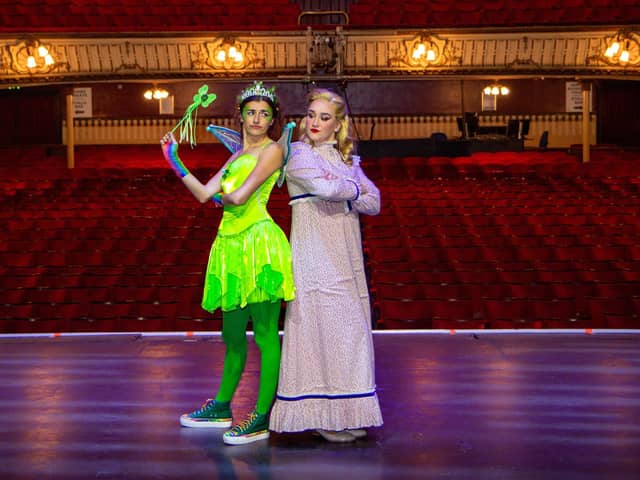 Elizabeth Rose as Tinkerbell and Georgia Deloise as Wendy in Hook – The Further Adventures of Peter Pan, which is at The Kings Theatre, Christmas 2023. Both had previously starred in Kings community productions. 
Picture by Aaron Cockram for The Kings Theatre