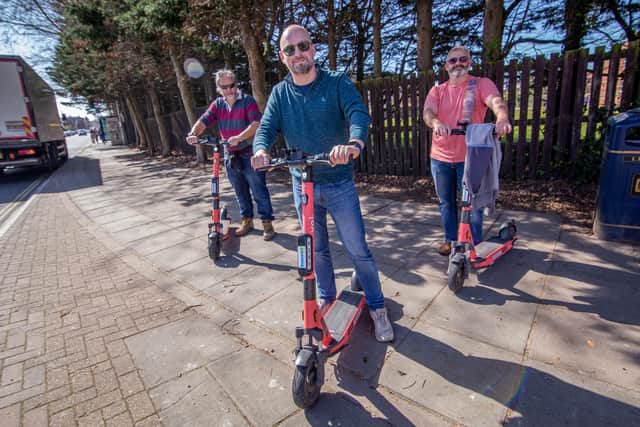 Update on E-scooter trial on 29 March 2021.
Pictured: Neil Crossley, John Dunn and Kevin piotrowicz on the e-scooters on Albert Road, Southsea.
Picture: Habibur Rahman
