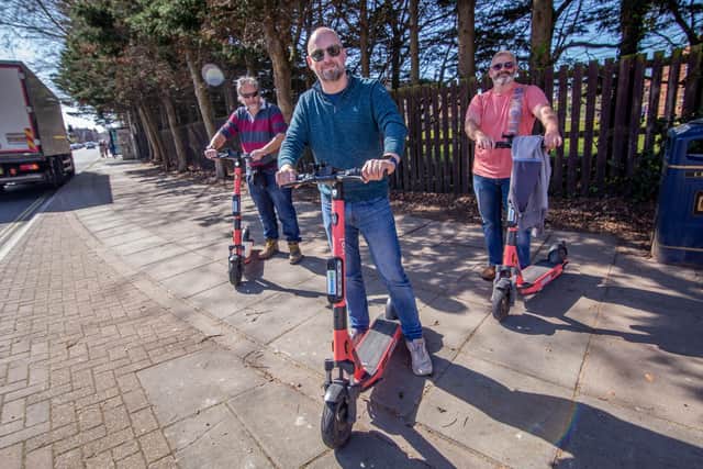 Update on E-scooter trial on 29 March 2021.

Pictured: Neil Crossley,  John Dunn and Kevin piotrowicz on the e-scooters on Albert Road, Southsea.
Picture: Habibur Rahman
