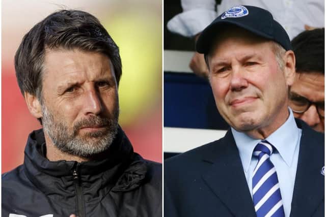 Pompey head coach Danny Cowley, left, and Blues chairman Michael Eisner, right.