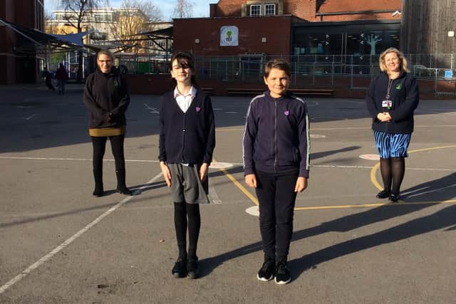 Emotional well being support assistant, Layla Gover (left), head girl Lily Valentine, 10, head boy Toby Barnes, 11, and headteacher Wendy Fowler.