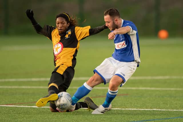 Denmead's Danny Lucas, right, was on target in the HPL win against Harvest Home. Picture: Keith Woodland