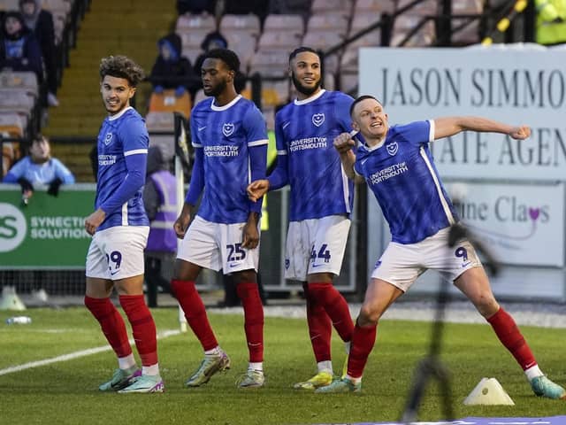 Colby Bishop celebrates his late-winning penalty after Pompey's 1-0 victory at Port Vale. Picture: Jason Brown/ProSportsImages
