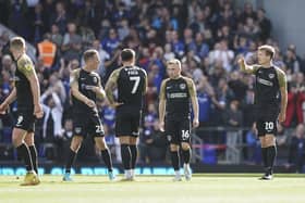 The Pompey players look for answers following Marcus Harness' 25th-minute opener for Ipswich.