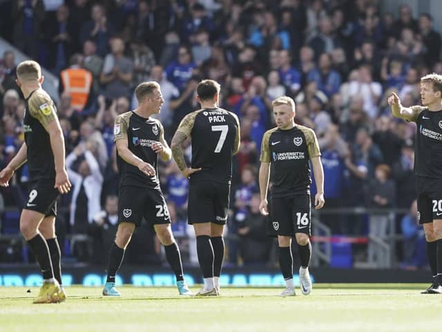 The Pompey players look for answers following Marcus Harness' 25th-minute opener for Ipswich.
