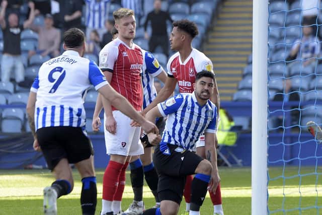 Massimo Luongo celebrates his goal for Sheffield Wednesday against Cheltenham today. Pic Steve Ellis