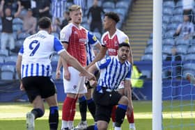 Massimo Luongo celebrates his goal for Sheffield Wednesday against Cheltenham today.  Pic Steve Ellis