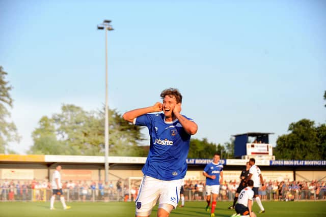 Ryan Bird celebrates scoring for Pompey in a pre-season friendly at Hawks in July 2013. Picture: Ian Hargreaves