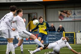 Moneyfields striker Ryan Pennery goes for goal against Portland. Picture by Alex Shute
