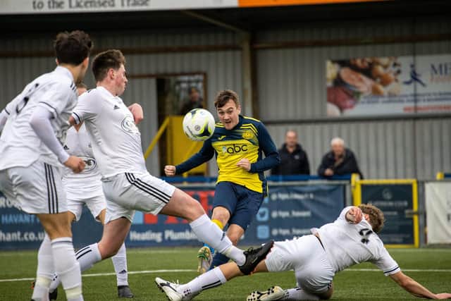 Moneyfields striker Ryan Pennery goes for goal against Portland. Picture by Alex Shute