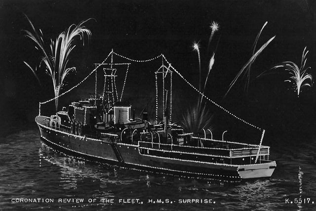HMS Surprise lit up for the Coronation Fleet Review at Spithead in 1953. Picture: Avaon Davies