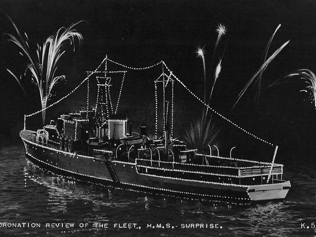 HMS Surprise lit up for the Coronation Fleet Review at Spithead in 1953. Picture: Avaon Davies