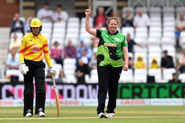 Anya Shrubsole celebrates a wicket while playing for the Southern Brave in the 2021 Hundred. Photo by Shaun Botterill/Getty Images