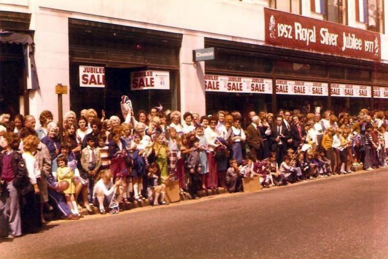 Crowds of well wishers outside the Co-op in Fratton Road, Portsmouth, for the Queen's silver jubilee visit to the city in 1977
