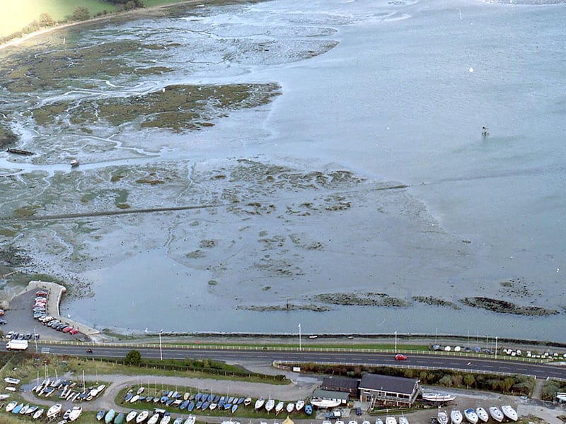 An aerial view of Langstone Bridge and Harbour in 1998.