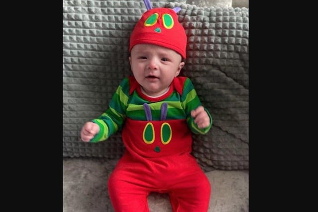 Three-month-old Tayo as the Very Hungry Caterpillar