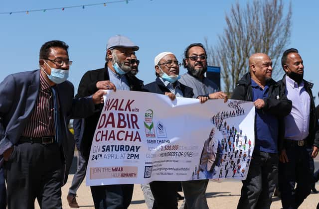 Walkers for Dabirul Islam Choudhury raising funds for victims of Covid-19 in the UK, Bangladesh, Pakistan and 45 more countries, pictured at the D-Day Museum, Southsea
Picture: Chris Moorhouse (jpns 240421-24)