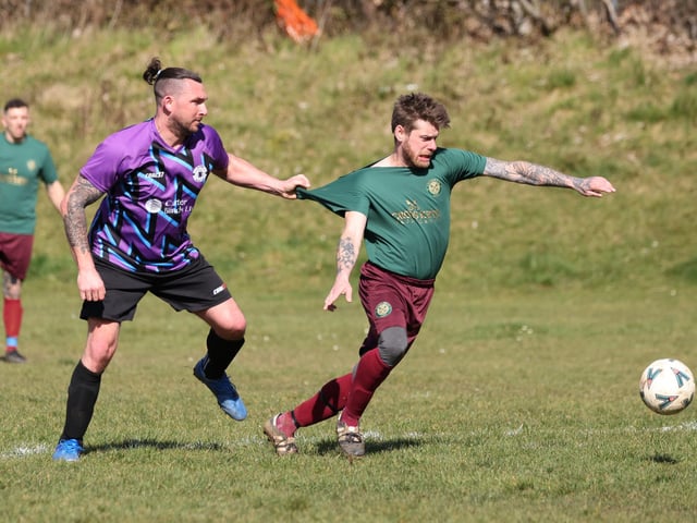 Action from the City of Portsmouth Sunday League Division Four match between Cross Keys Athletic (green shirts) and Al's Bar. Picture: Kevin Shipp