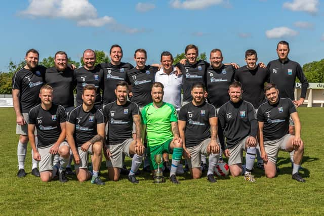 Watersedge Park 2021/22, City of Portsmouth Sunday League Division 4 winners. Back (from left): Lewis Marsden, Mick Anslow, Aaron Parsons, Jamie Dunne, Aaron Watson, Martyn Weightman, Neal Till, Tommy Aird, Danny Udy, Paul Squibb. Front: Ben Jewell, Steve Southam, Bradley Street, Wesley Street, Jack Chandler, Lee Watson, Michael Benfield