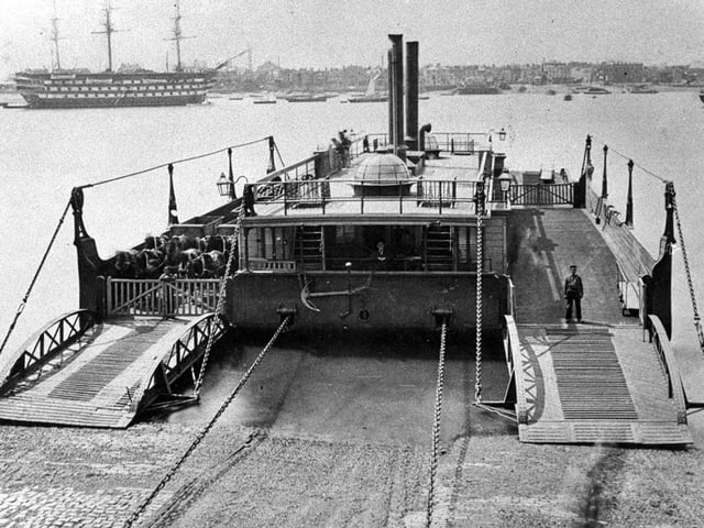The old chain ferry linking Portsmouth and Gosport in 1900. Running from the end of Broad Street, Old Portsmouth, to Gosport Hard, this floating bridge operated across the harbour for 119 years.