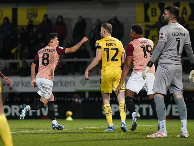 Alex Robertson celebrates his first goal for the Blues in Tuesday's 2-0 win at Burton