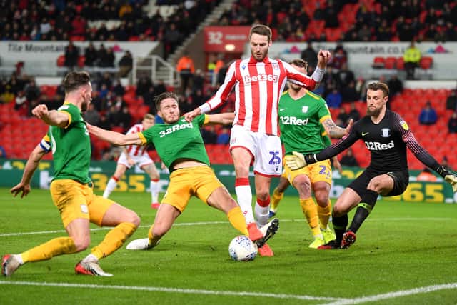 Action from Stoke City (sponsored by Bet365 on their shirts) and Preston (sponsored by 32Red on their shirts) at the Bet365 Stadium in the Sky Bet Championship in January this year.