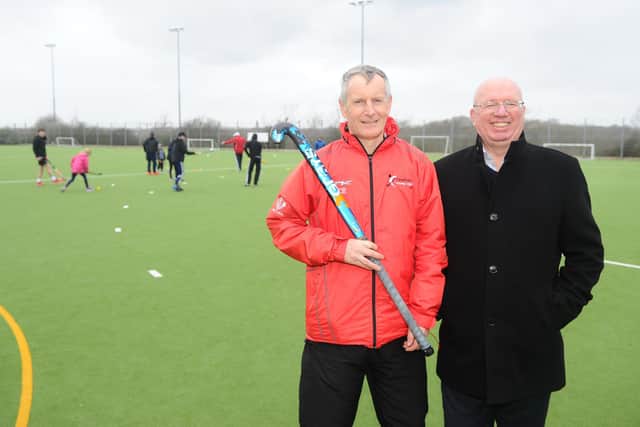 Colin Bradbury, left, chairman and Steve Goodwin, director at Fareham Hockey Club.
Picture: Sarah Standing (210220-8331)
