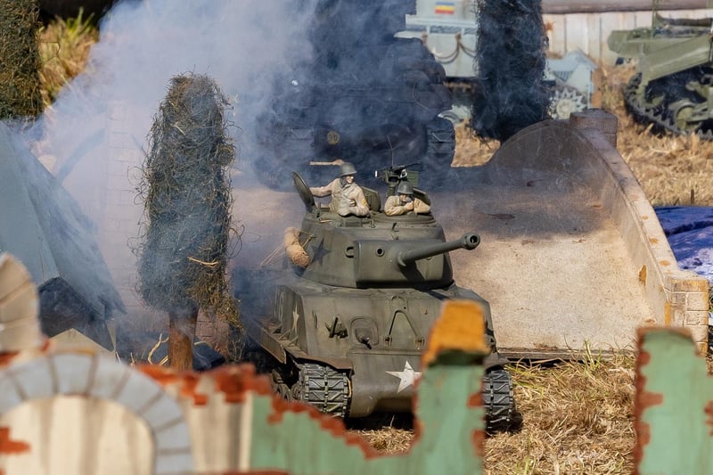 Pyrotechnics during the 1/16th scale tank battle re-enactment.