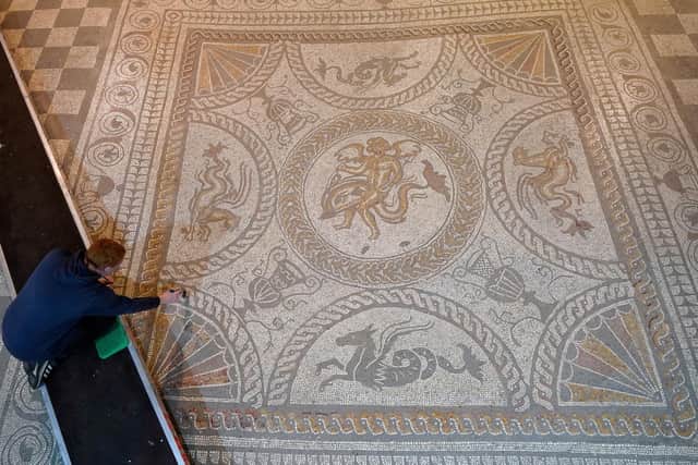 A member of the curatorial team cleans the Cupid riding on a dolphin mosaic, which was first laid in AD150, at Fishbourne Roman Palace in Chichester, West Sussex, ahead of the site reopening on February 11. Picture date: Thursday February 9, 2023.
