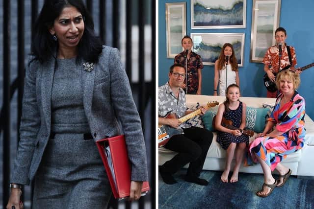 Ben Marsh, 45, his wife Danielle, 44, and their four children Alfie (back right), 16, Thomas (back left), 14, Ella (back centre), 13, and Tess, 11, who wrote and performed their parody song about the dramatic resignation of former cabinet minister and Fareham MP Suella Braverman, right, who lasted just six weeks as home secretary Picture: The Marsh Family/PA Wire