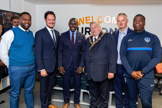 Urbond's Willard-Hans Shongue, Stephen Morgan MP, Urbond CEO Ousmane Drame, Lord Mayor Frank Jonas, Urbond's Anthony Helmore and Duke Harrison-Hunter, Equality Diversity Officer from PITC. Picture: Mike Cooter (170921)