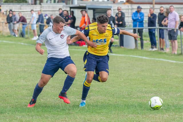 Alex Lafleur in action for Moneyfields during the 1-0 home win over Folland. Picture: Habibur Rahman