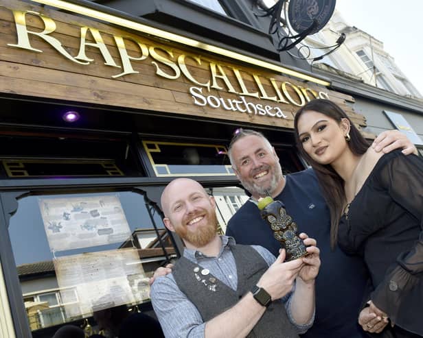 Rapscallions in Osborne Road, Southsea, is expanding into Port Solent. Pictured is: (middle) Dan Swan, owner, with Zak Brown, general manager and Naahzat Mozumder, assistant general manager. Picture: Sarah Standing (080623-4984)